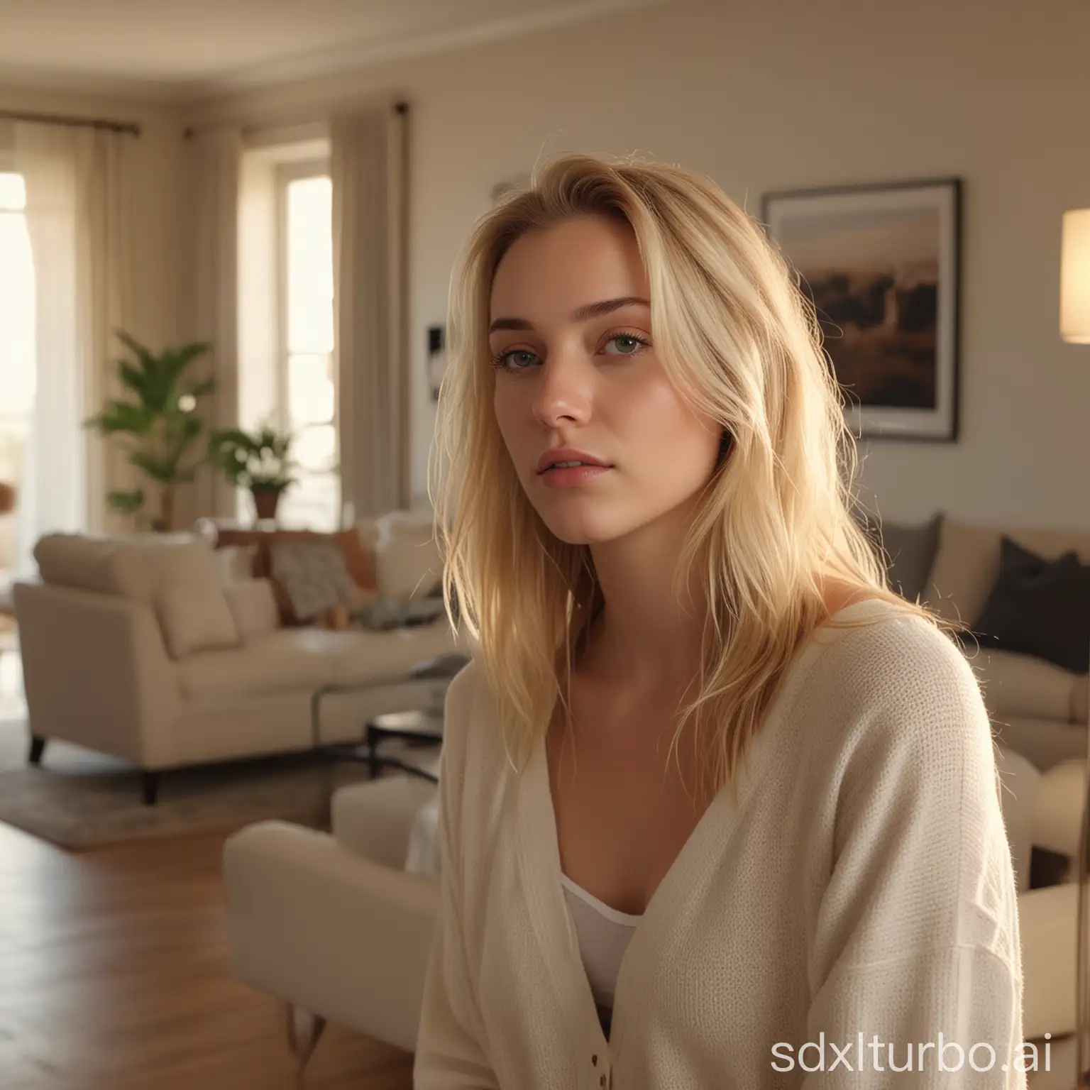 A beautiful 22-year-old blonde woman walks slowly through her apartment lounge, lost in contemplation. The scene is realistic and captures the soft, volumetric lighting that bathes the room, casting gentle shadows and highlights around her. Her expression is thoughtful as she moves through the space, with the modern decor of the lounge subtly blurred in the background, focusing on her moment of introspection