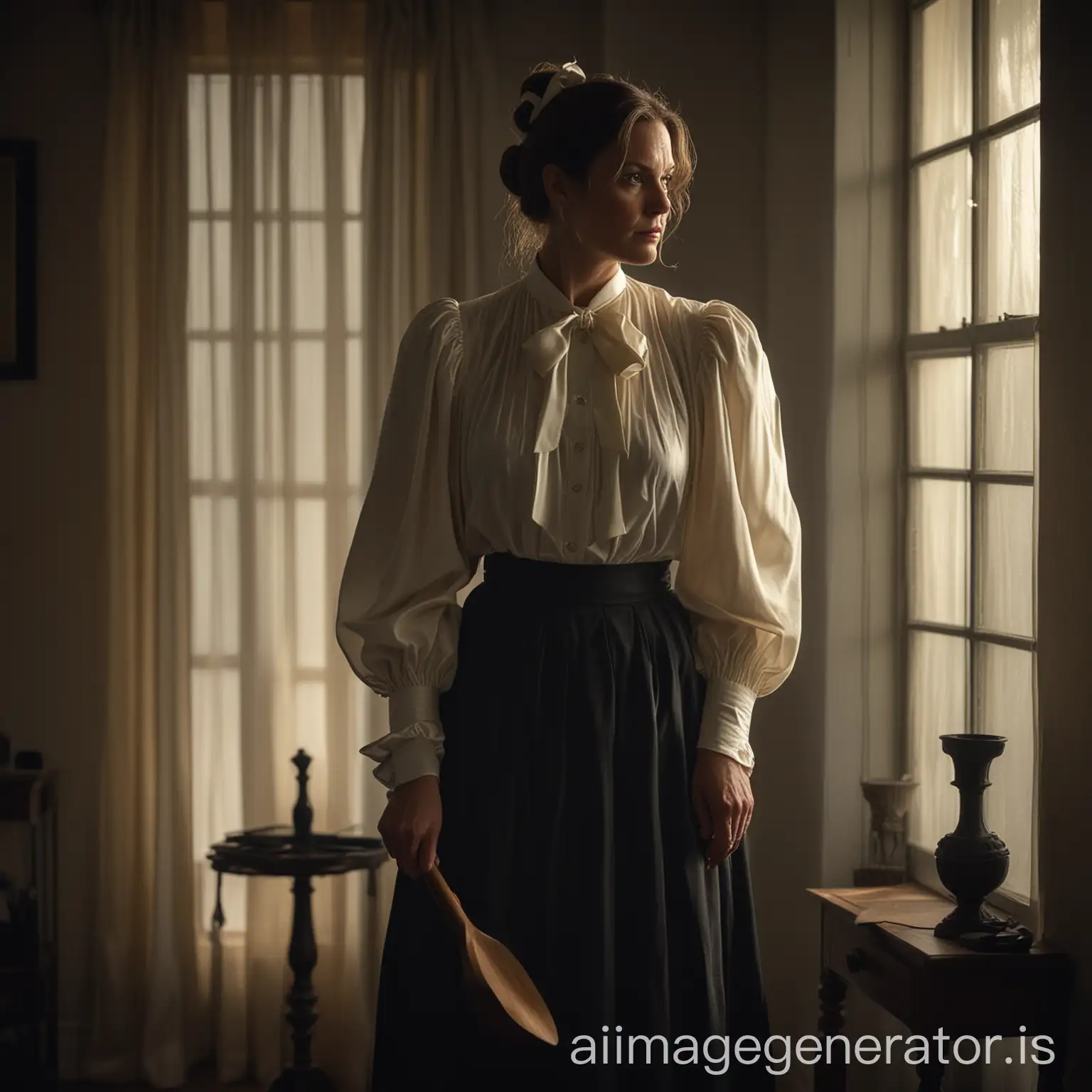 a tall attractive middle-aged woman, standing in a dimly lit room, wearing an ivory silk bow blouse with long billowy bishop sleeves, and wearing a dark skirt, backlit in silhouette by the window behind her, with a stern expression, holding a wooden paddle