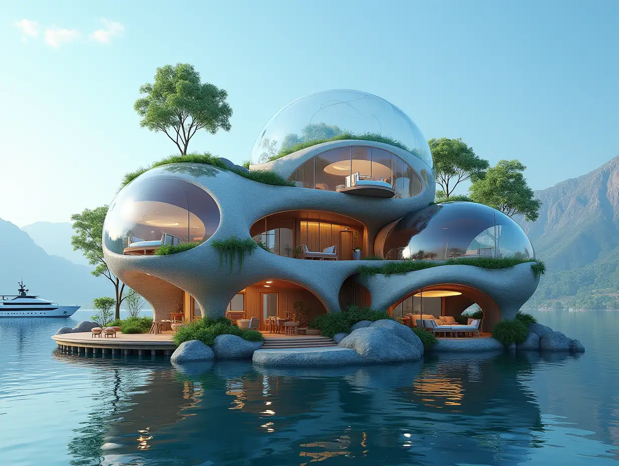 A futuristic multi-story house made of many holen lit glass balls and wood lies on the water,many plants and trees, blue sky, bright environment, mountains, clear water and a yacht in the background, colorful 8k quality