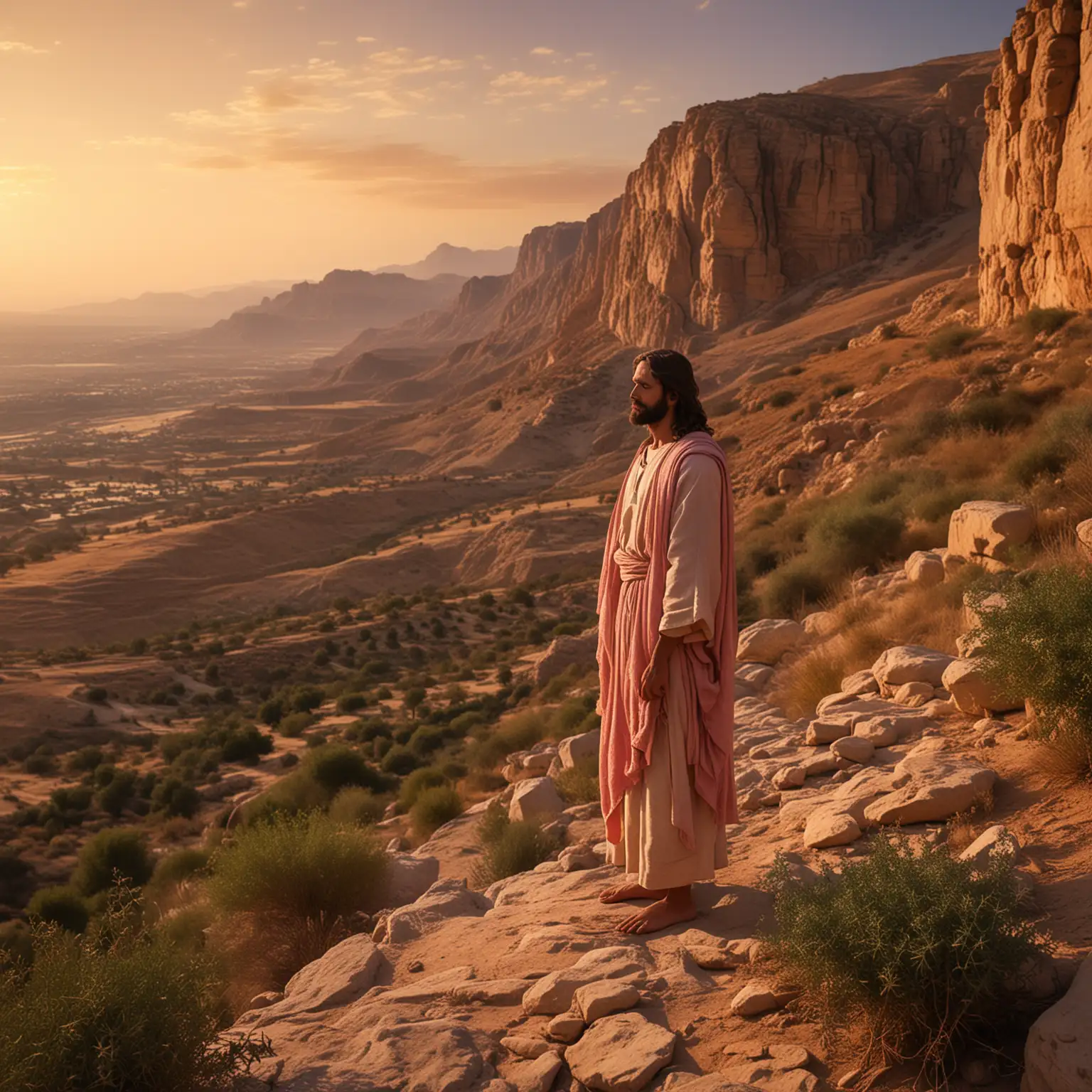 In the ethereal wilderness of Ancient Israel, Jesus stands at a profile, with a serene yet resolute expression, bathed in the golden light of dawn. The landscape is vast and rugged, with rocky outcrops and sparse vegetation. The sky is painted in shades of pink and orange, casting long shadows across the terrain, captured with a super wide lens, large depth of field, coloring is rich and vivid, 8k resolution and composition.