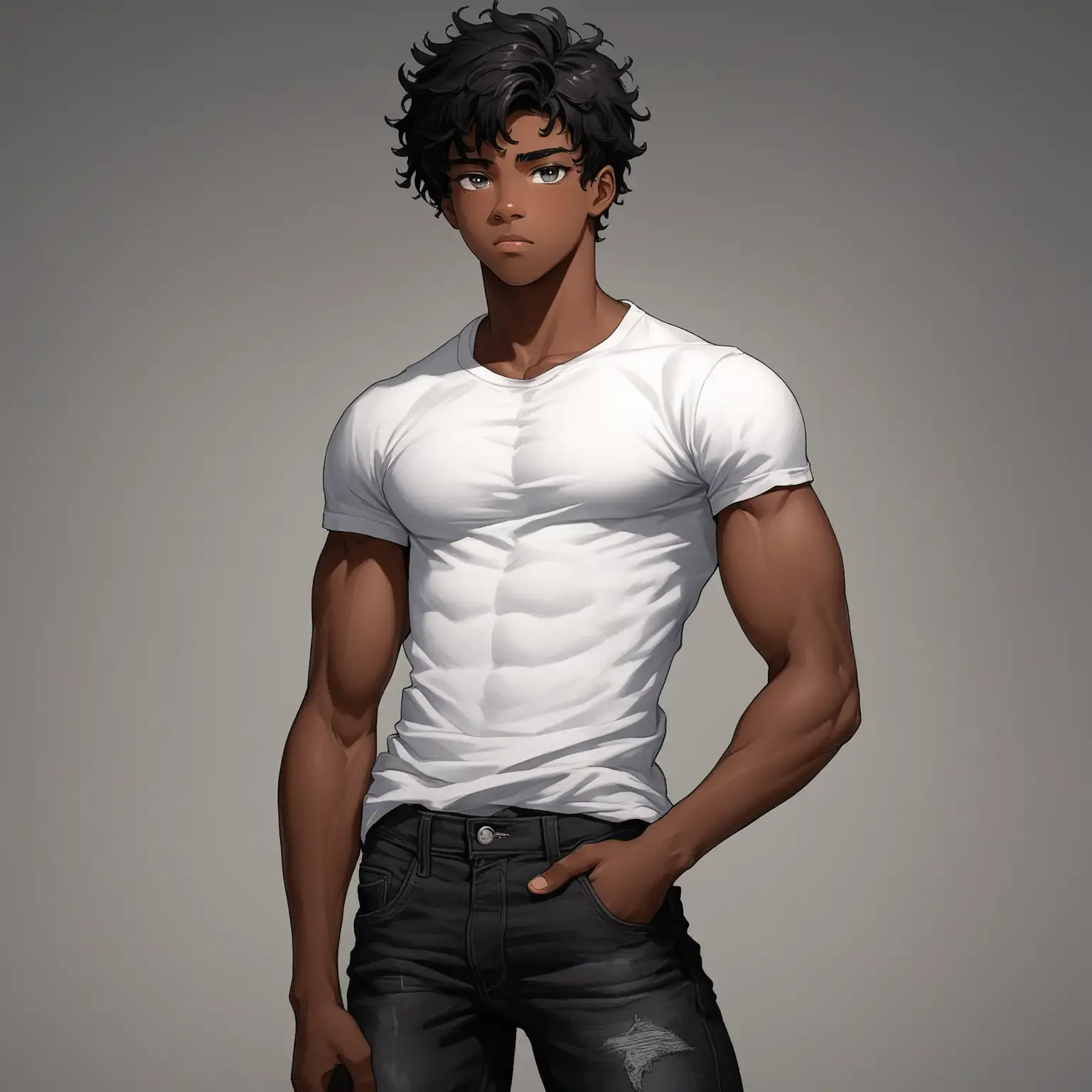 A black teenage boy who has messy black hair and grey eyes he's very muscular and tall, he's wearing a white shirt and black jeans