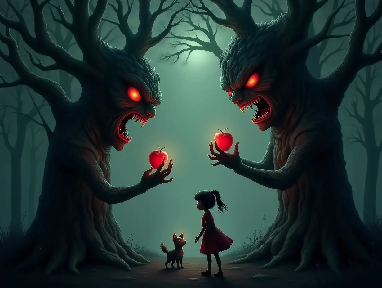 A dark, misty evil forest with anthropomorphic apple trees. The trees have arms ending in sharp claws, their faces etched into the bark with twisted angry expressions. Glowing eyes peer out from their faces, and their mouths are open in silent screams. Each tree holds out apples to a girl with pigtails and her tiny dog, tempting but ominous, with an eerie red glow. The mist swirls around their roots and branches, adding to the sinister atmosphere. The scene is dimly lit by a pale, haunting light that filters through the thick forest canopy.