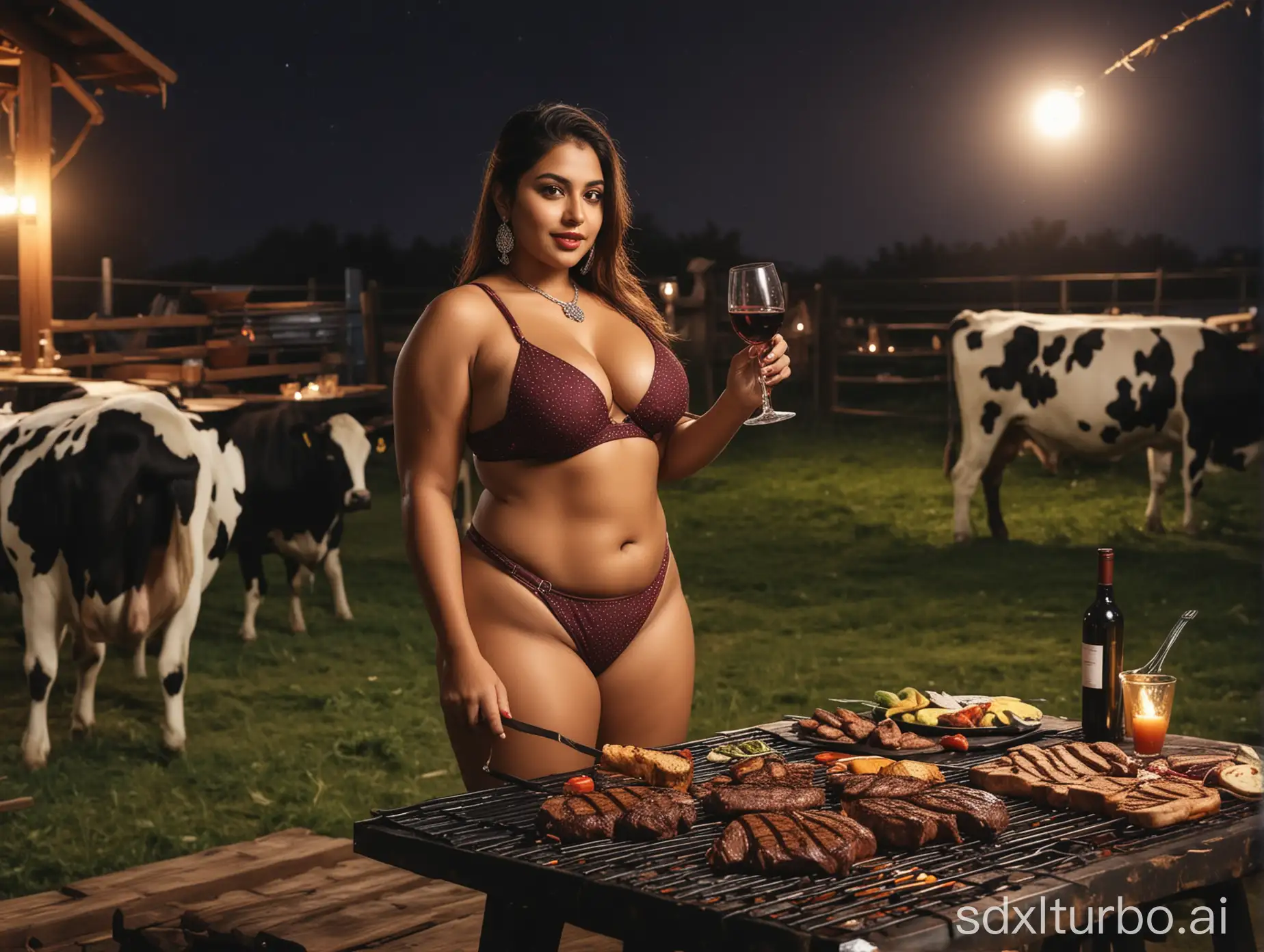 Indian-Woman-Enjoying-Barbecue-Steak-and-Wine-Outdoors-at-Night