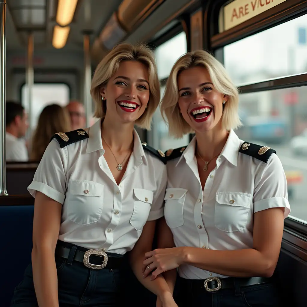 two white norvegian lady, in white deep-necked police shirt, laughing with her mouth open, red lipstick accentuating her smile,belt on waist, big wide hips, chest are fully grown, jewerly, short hair, HD, enjoing in the tram, holding a long riding stick, photo-realism