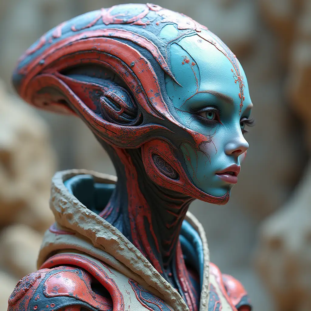 Hyperrealistic of a beautiful alien queen futuristic that are intricately detailed, colorful and rocky background