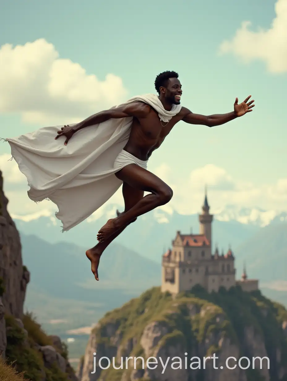 Flying-Black-Man-in-White-Cloak-Over-Mountains-and-Castle