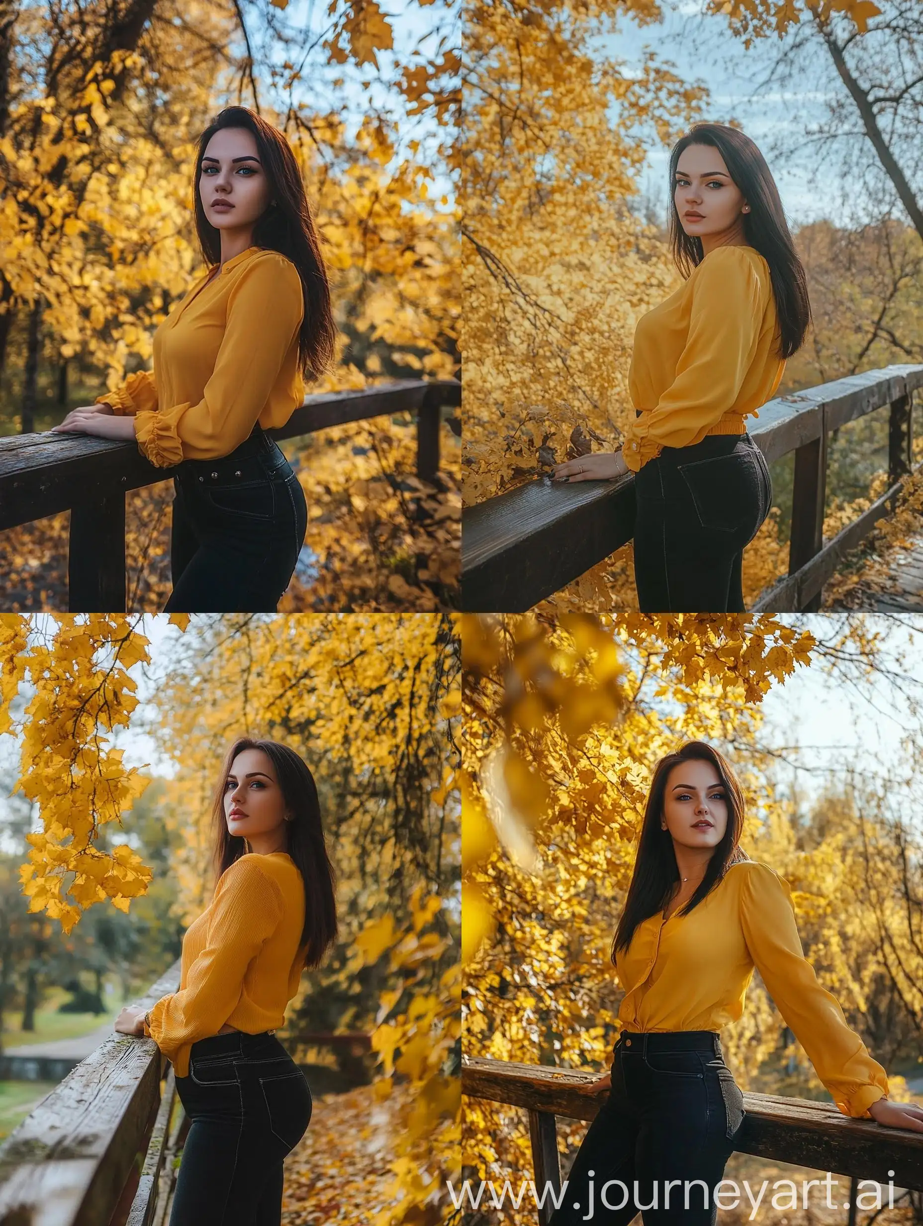 Autumn-Park-Scene-with-Young-Woman-Standing-on-Wooden-Railing