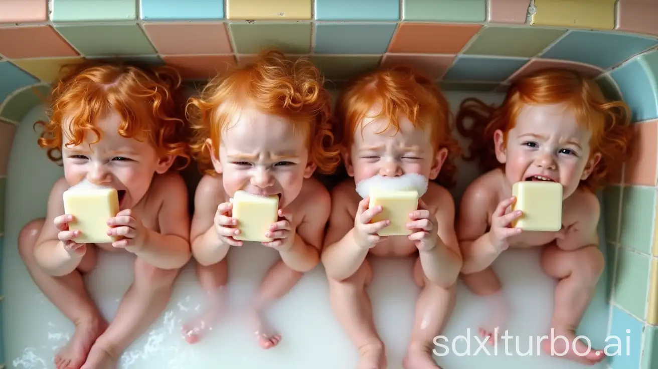 Four-Adorable-Redhead-Girls-Washing-Mouth-with-Soap-Bars-in-Bathtub-Setting