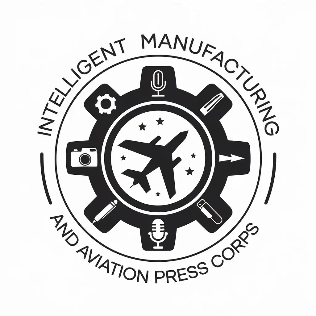 LOGO-Design-for-Intelligent-Manufacturing-and-Aviation-Academy-Press-Corps-Gear-Plane-Camera-Microphone-Pen