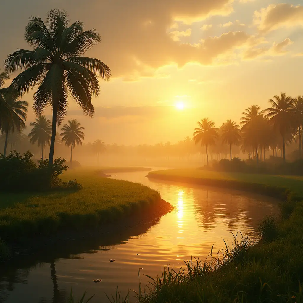 In the morning glow, the fields awake, Golden hues on the rivers and lakes. Palm trees sway in a gentle breeze, Carrying whispers from ancient seas.