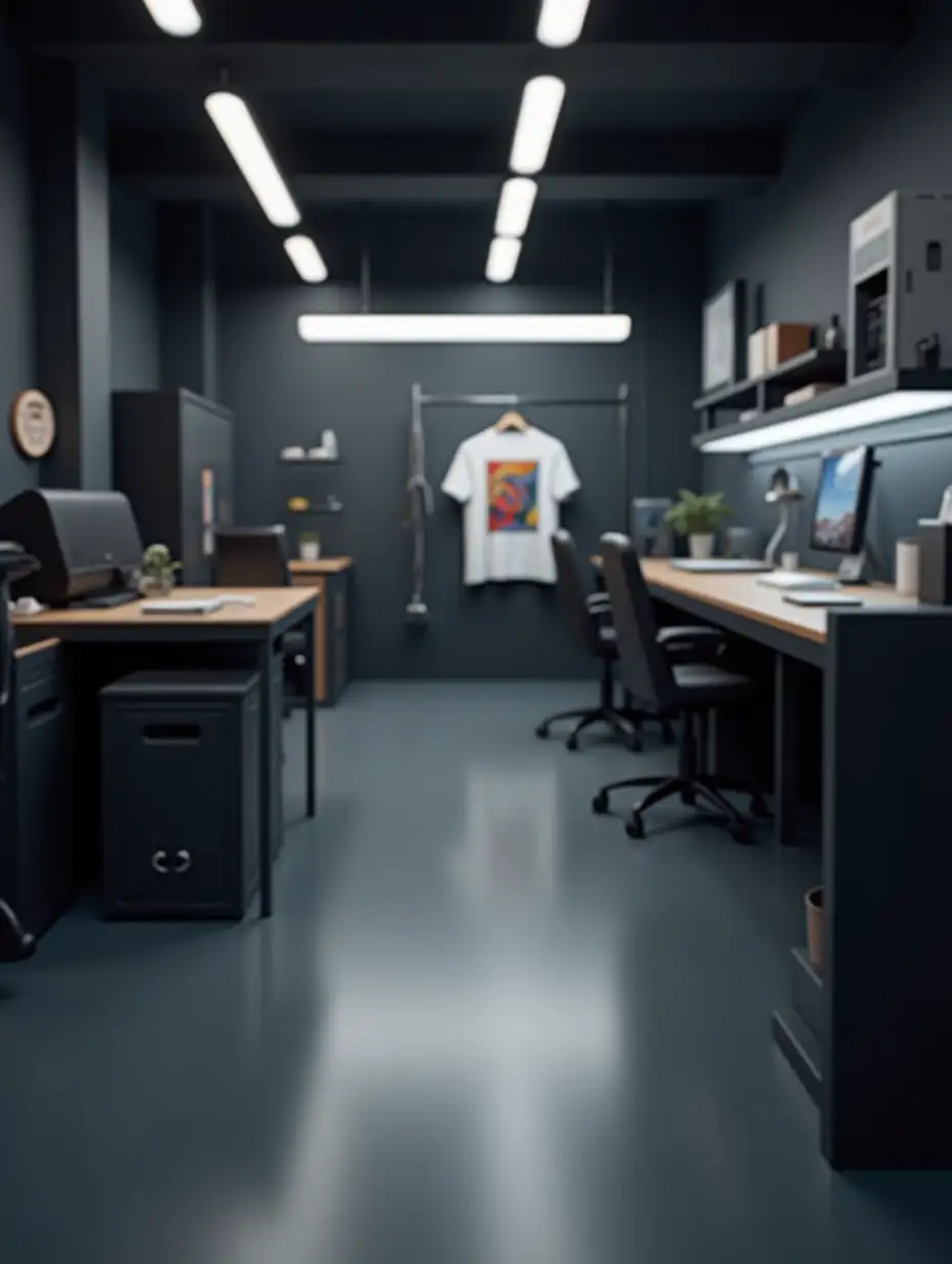 A modern 3D tech-style background for an e-commerce product card. The scene features hi-tech workshop environment and lighting in black and white tones. In the background, include semi-blurred elements like a DTF printer, a printed t-shirt with a visible vibrant print. The setting should feel clean, professional, and high-tech, appealing to print shops and small businesses. Emphasize depth, lighting gradients, and smooth shadows. Central space left clean and slightly lighter