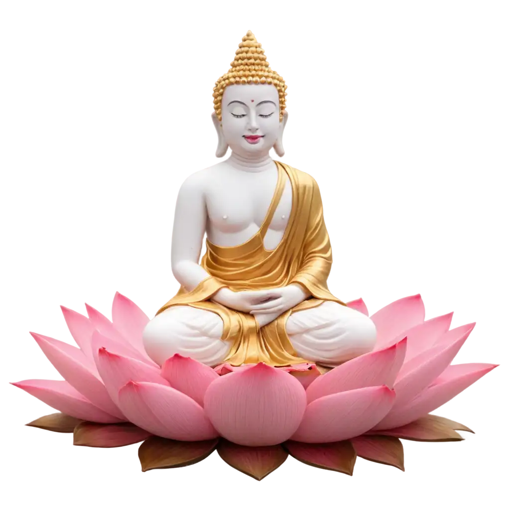 Stunning-White-and-Golden-Buddha-Statue-PNG-on-Pink-Lotus-for-Digital-Art-and-Design