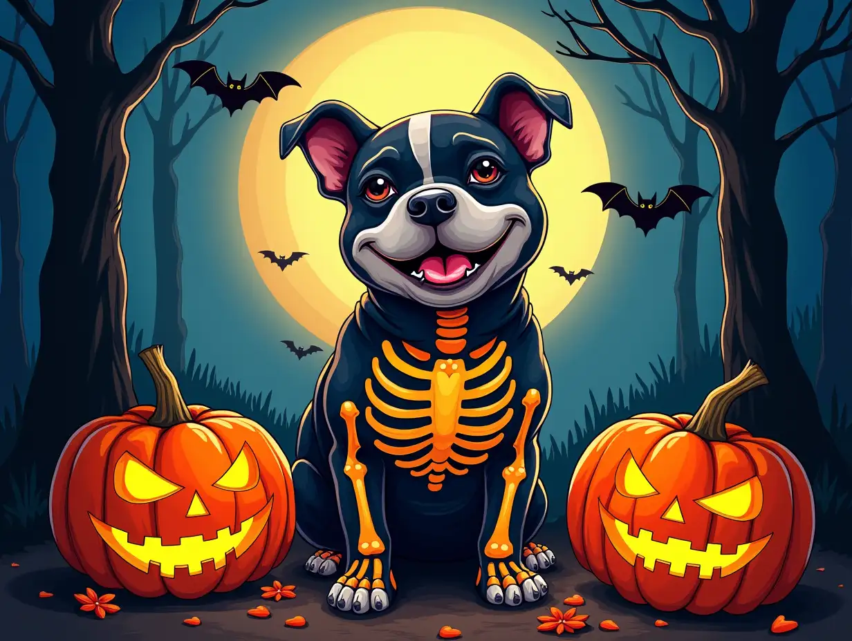 Vector. A playful Pit Bull puppy dressed in a detailed skeleton costume, standing proudly between two intricately carved pumpkins. The dog has a mischievous grin and bright eyes. The background is a dark, spooky forest with a full moon and bats flying overhead. The overall style is vibrant and whimsical. featuring the word 'Spooky Season' in bold, stylized text. oil paint ink