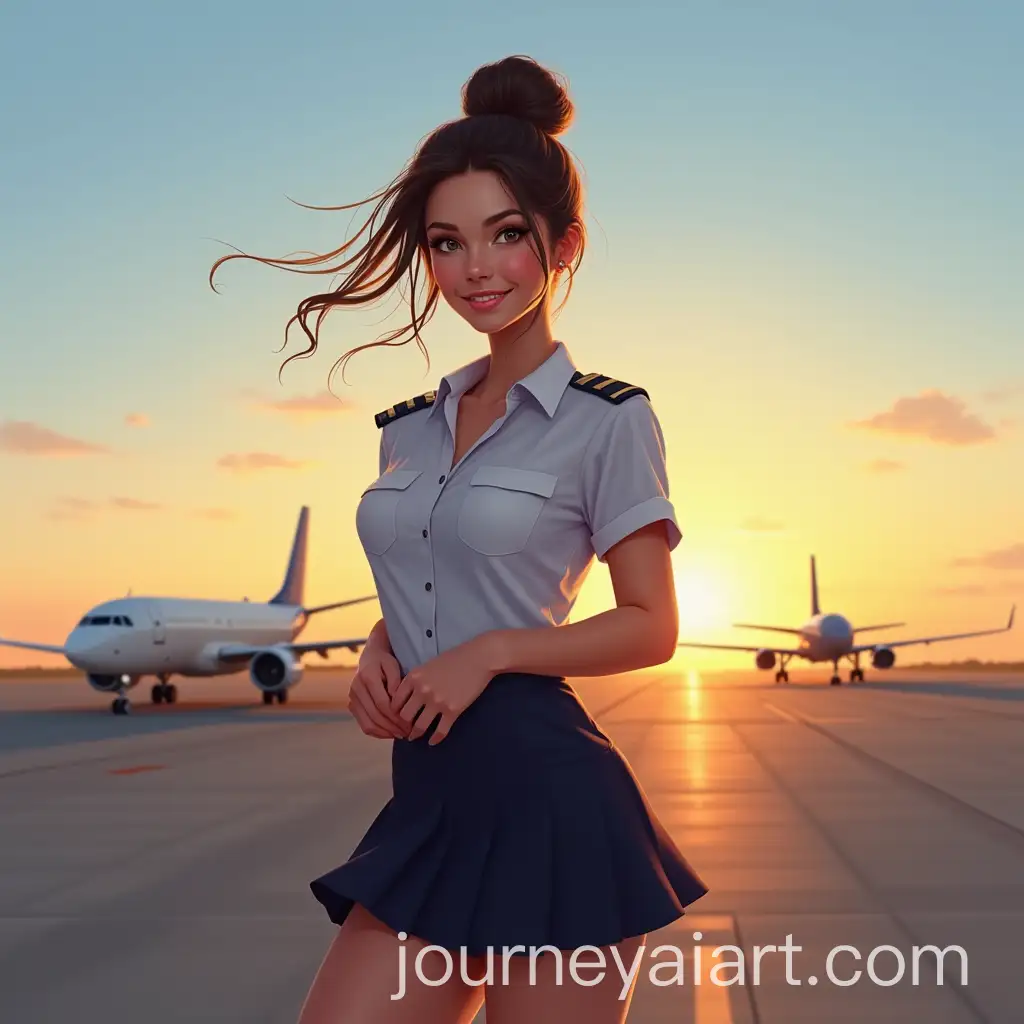 Woman-in-Navy-Pilot-Outfit-Standing-on-Airplane-Runway-at-Sunset