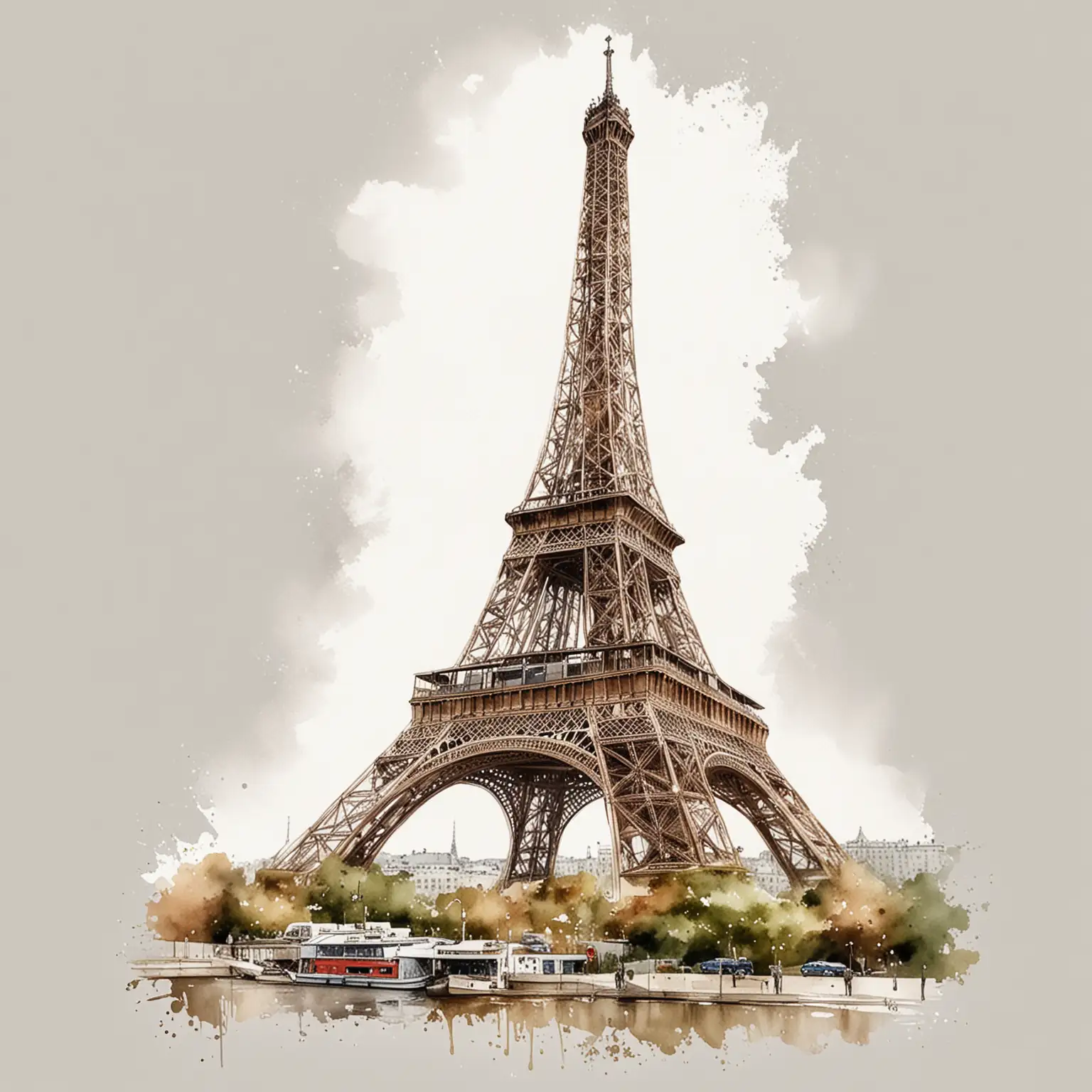 Eiffel Tower Realistic Watercolor Illustration on White Background