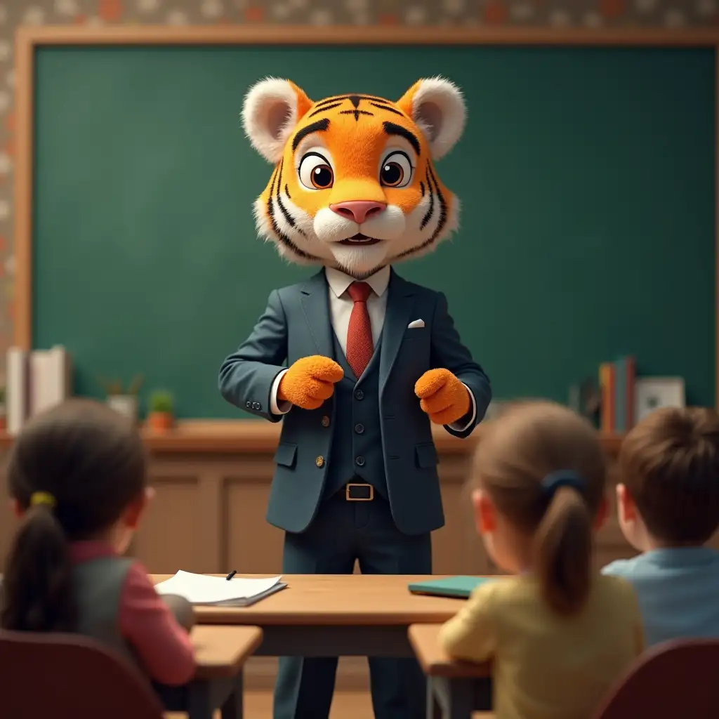 iger in a suit, teaching a classroom of young students. The setting captures the playful yet educational atmosphere with a wise and friendly tiger as the lecturer.