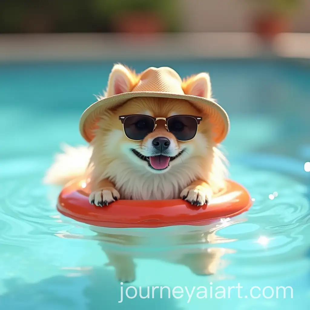 Pomeranian-LouLou-Swimming-in-a-Pool-with-Hat-Sunglasses-and-Life-Buoy