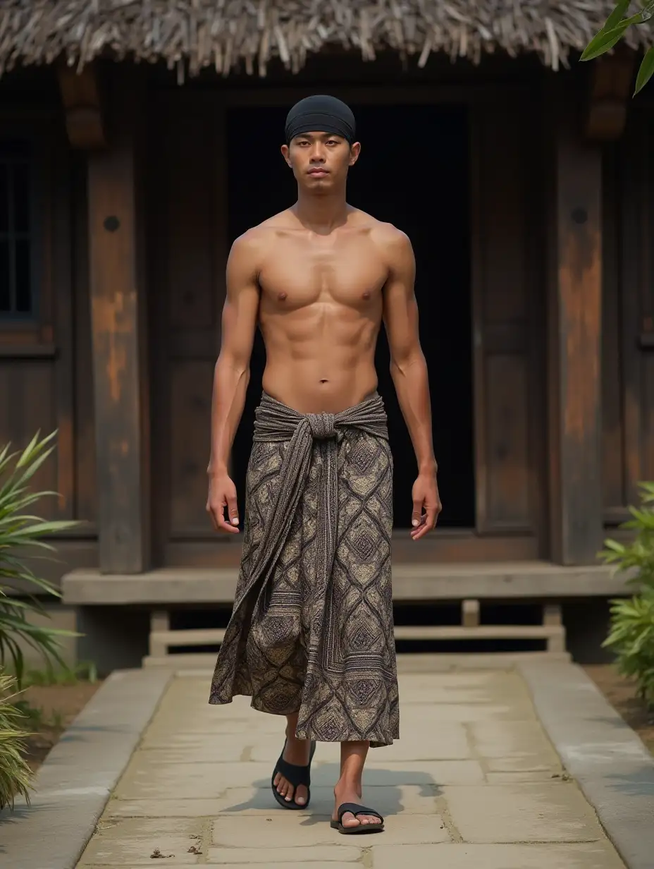 Indonesian-Man-in-Traditional-Batik-Walking-in-Front-of-Wooden-House