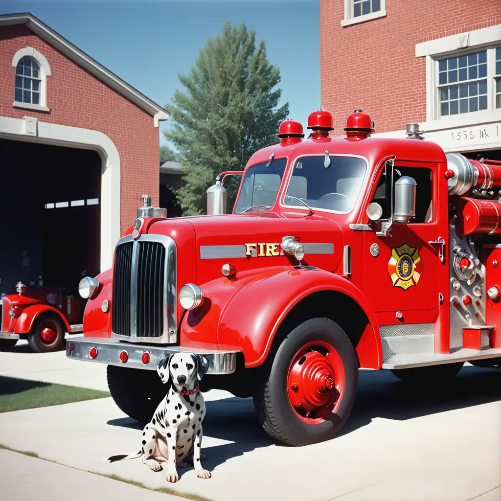 1950 fire station, pumper truck parked outside, Dalmatian dog waiting to ride, firefighters doing chores, bright sunny day