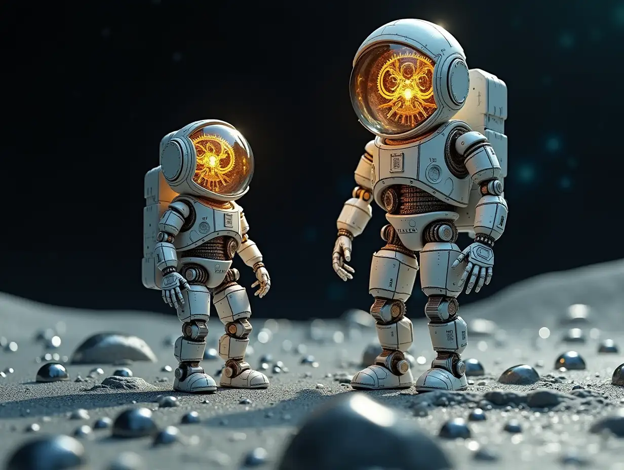 Create a high-resolution, realistic image of artificial intelligence Fractal Robert, two meters and a robot one meter high, with gears on arms and legs, gears on cheeks and a glass head with visible gold plating brain, screws with many gears, and many small glass spheres on the moon surface at 4k resolution