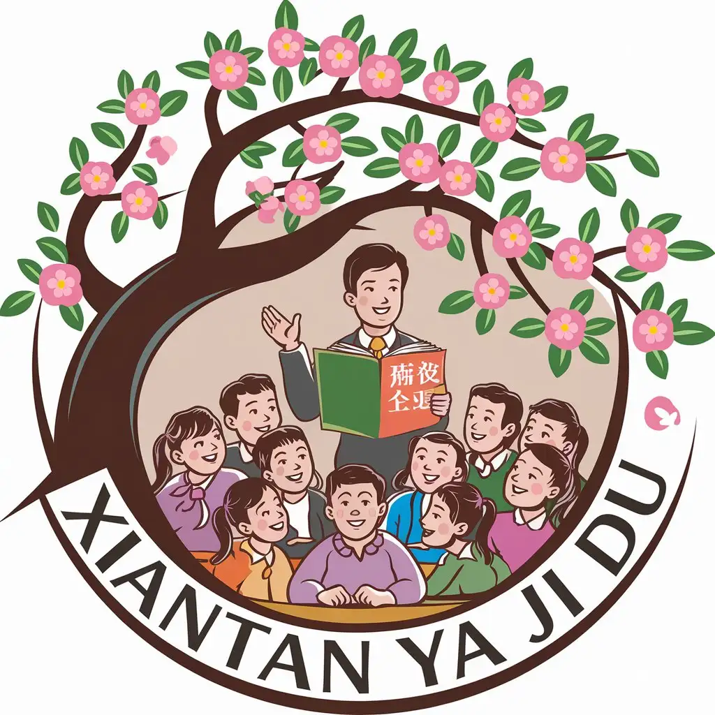 a vector logo design,with the text "Xiantan Ya Ji Du", main symbol:There is an apricot tree, under which a teacher is teaching students. The teacher is holding a book with the words '教书育人' on it. The students are sitting around the teacher, listening attentively, their faces full of smiles in ink and wash style.,Moderate,clear background