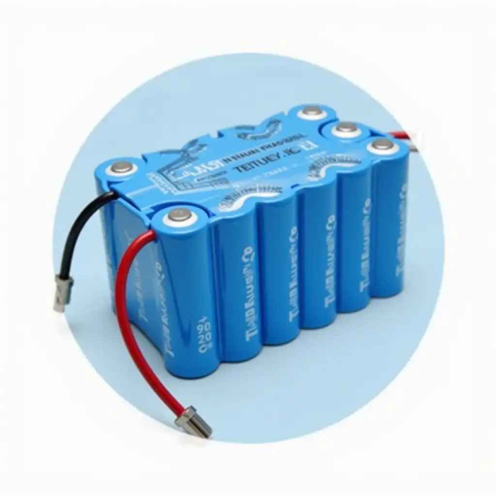 I want a lithium battery pack with 10 lithium cell batteries arranged 2 by 5 and a blue pack. There should be a blue cover around them to show that they are packed together and a black cable and a red cable coming out of them, indicating that this pack is ready to be used via cable.