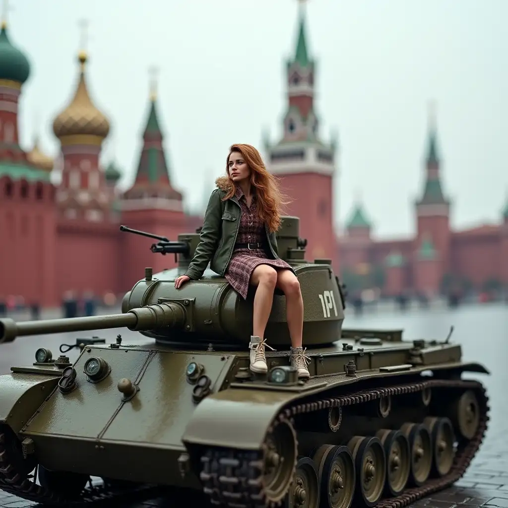 A beautiful Russian girl is sitting on a t-34 tank, on Red Square Russia, against the Kremlin backdrop. Realistic, 40mm, high resolution