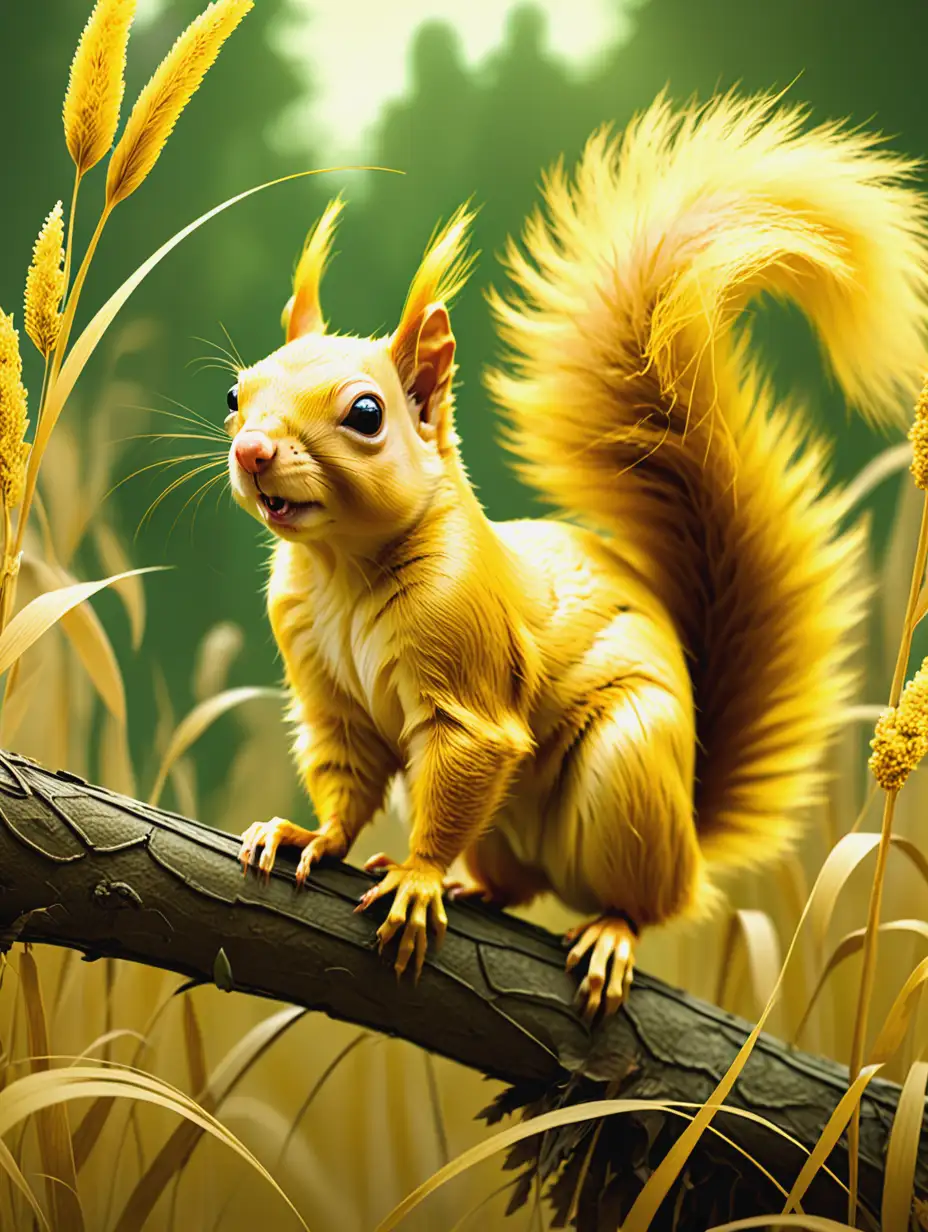 Fantasy Movie Still Golden Yellow Squirrel on Branch in Tall Grass