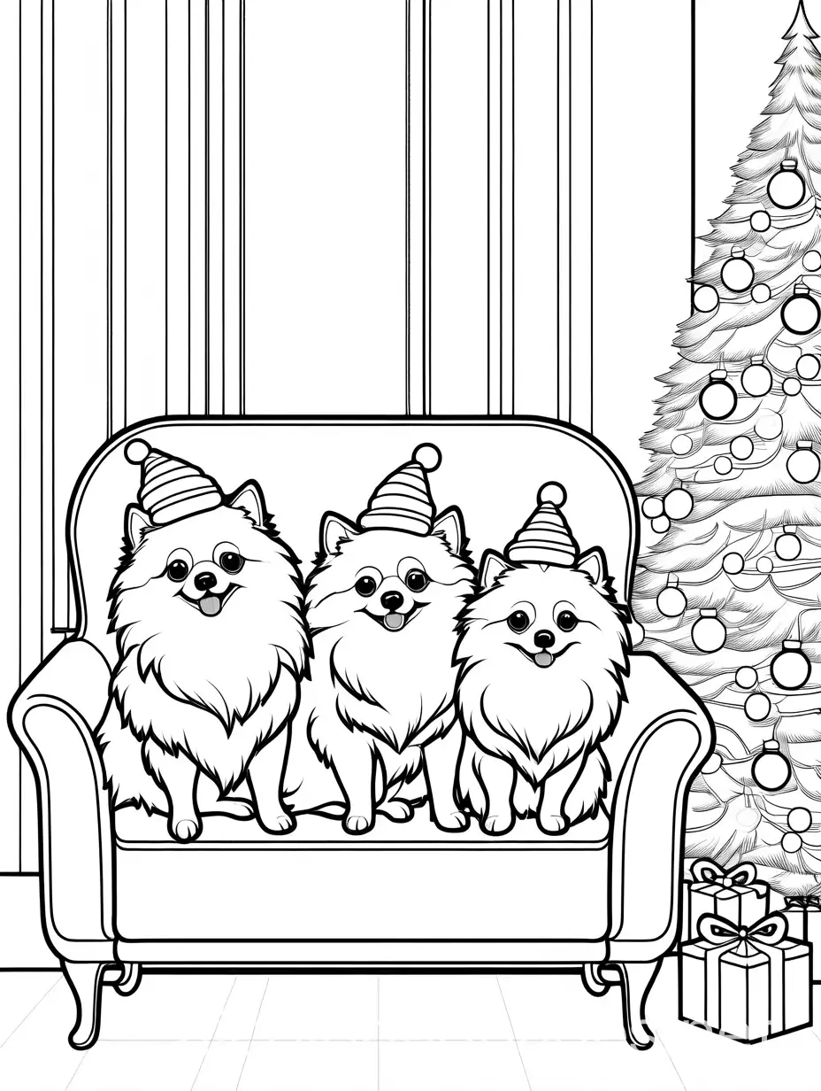 Pomeranians-in-Christmas-Hats-Relaxing-on-a-Sofa-by-the-Christmas-Tree