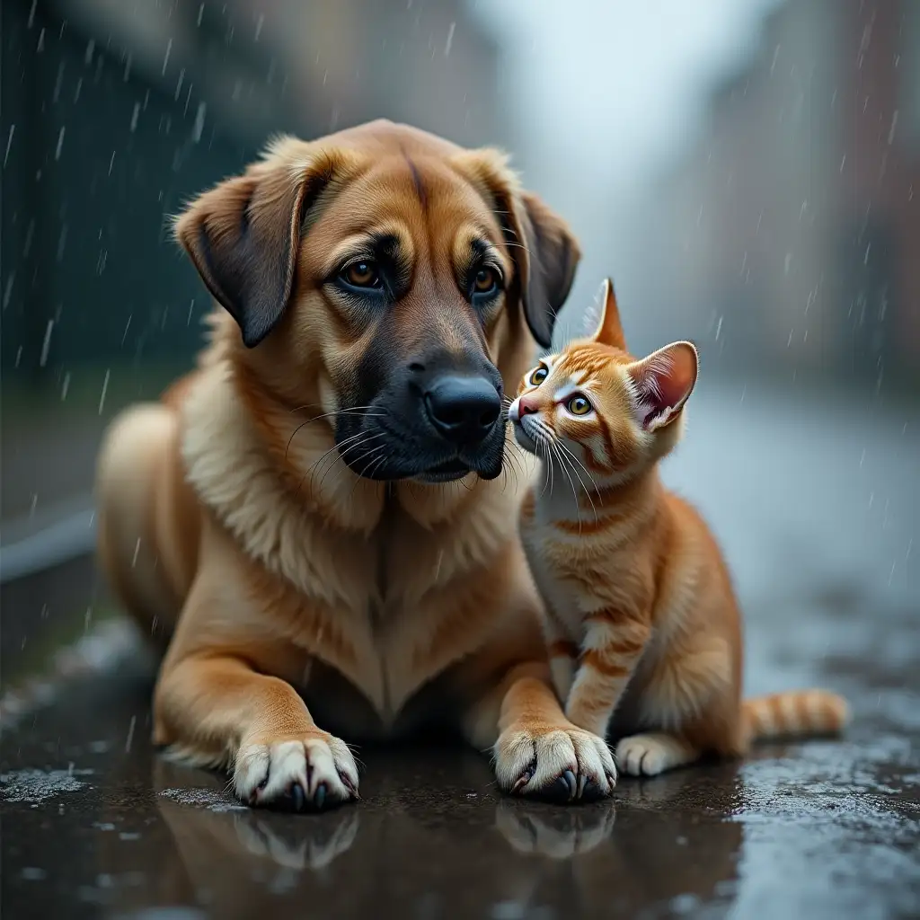 Homeless dog and cat, rainy background