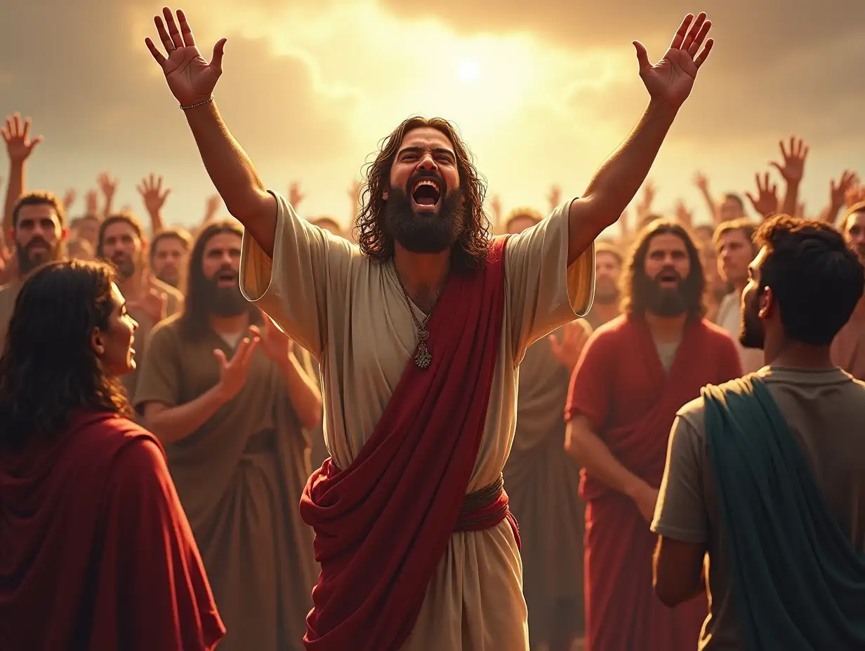 Depict Noah standing in front of a group of people, raising his hands towards them with a face full of hope and determination, while some look at him with mockery and scorn.