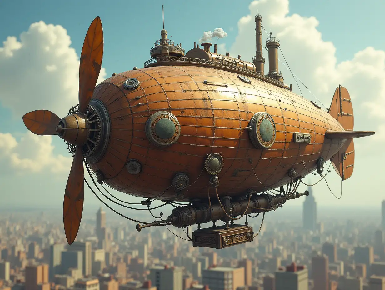 A detailed Steampunk style airship with propeller complicated gears steam powered. Flight over a city Premium Picture