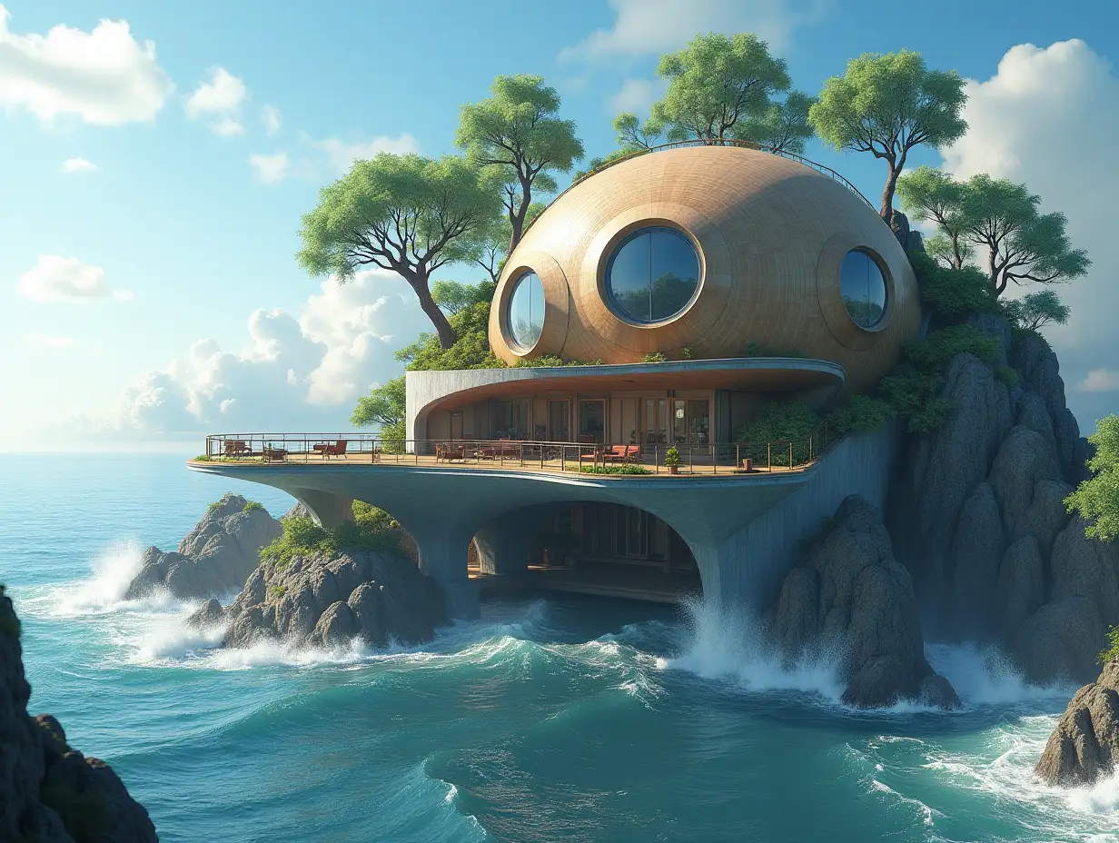 Create a high-resolution, realistic panorama image of a futuristic terrace building with snail house windows, bridge and steps to the mainland with many plants and gray and brown facades with sea with very large waves, big trees, blue sky