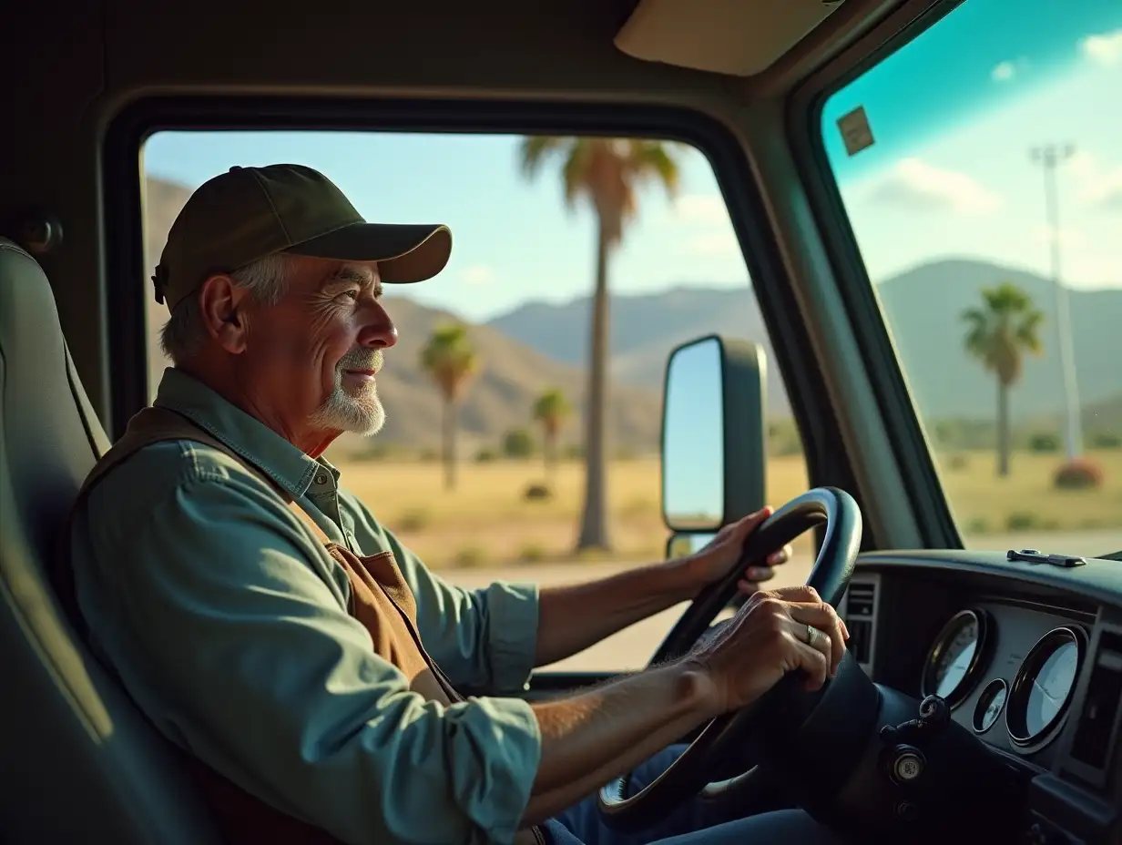 A sunny scene of a mountainous area with palm trees, an outside photo showing the face of the driver, you can see a trucker sitting at the wheel aged 60, realistic image