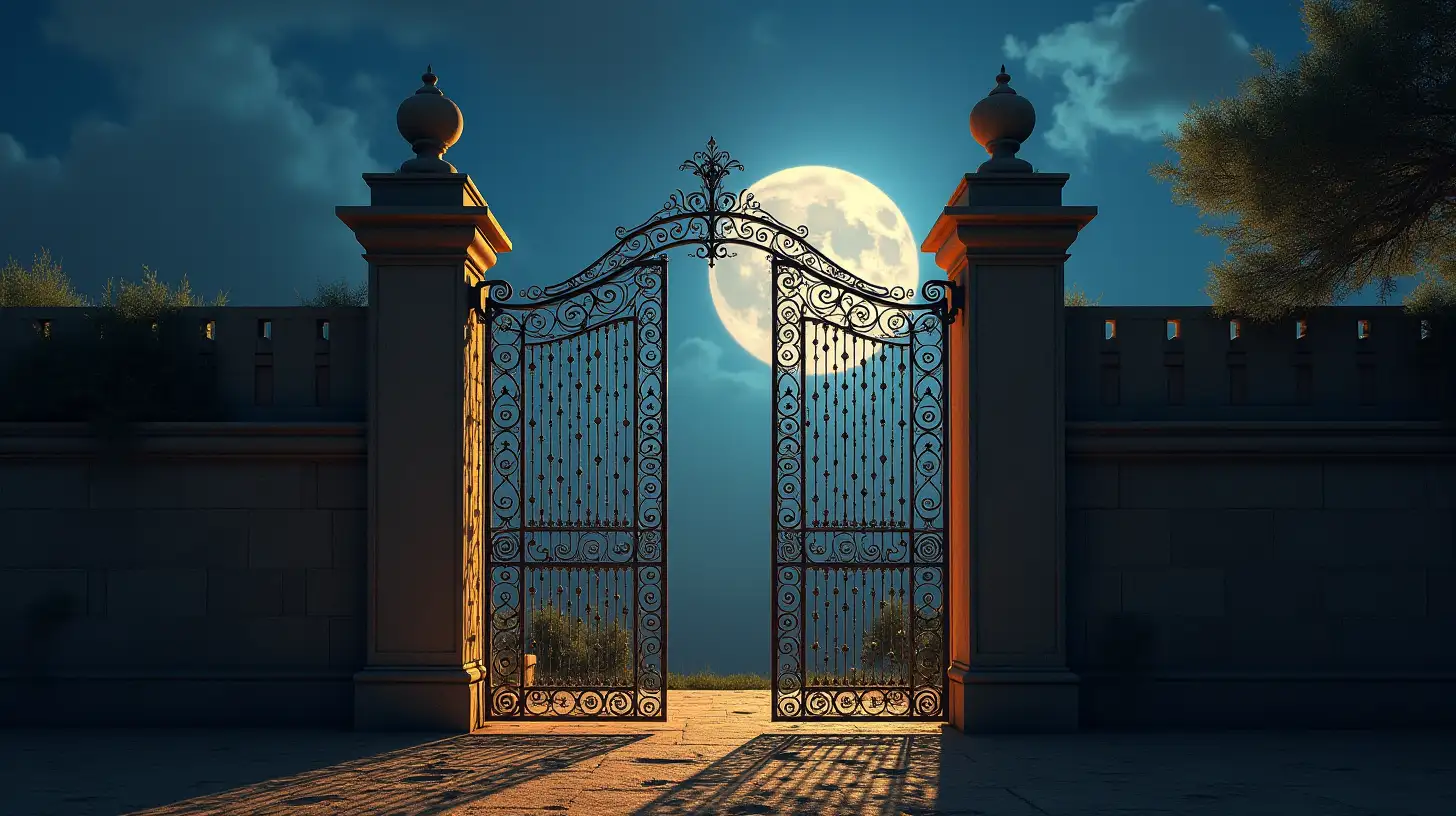 Ornate Wrought Iron City Gate Illuminated by Moonlight