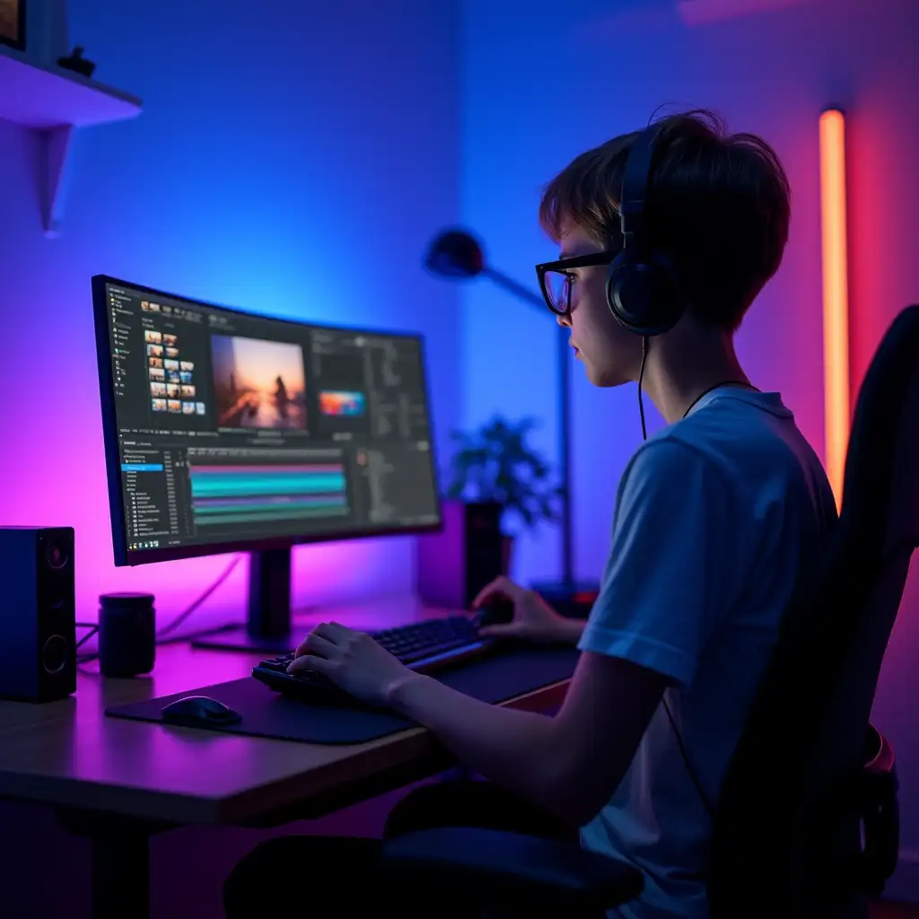 A slim teenage boy, clean-shaven, wearing rectangular glasses, working intently on a dual-screen setup in a modern video editing workspace. The screens display detailed video editing timelines, and the desk is equipped with a keyboard, mouse, and headphones. The environment is lit with vibrant RGB lighting in hues of blue, purple, and pink, creating a cinematic and immersive atmosphere. The boy sits on an ergonomic chair, surrounded by a clean yet creative setup, with subtle decor like LED strips, a small plant, and a camera on the desk. The front-facing view highlights his focus and the dynamic lighting in the room.