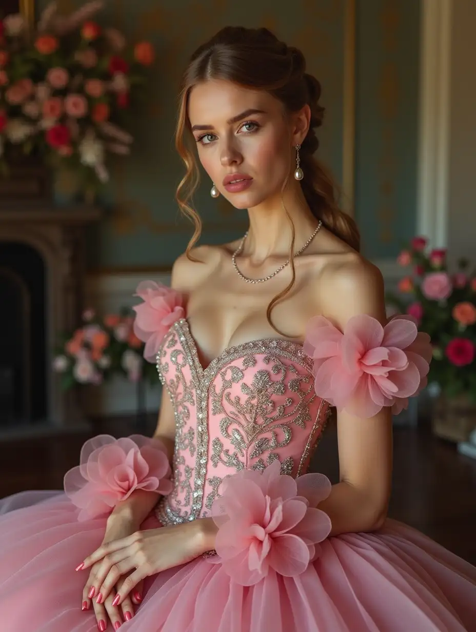 , serious, Elegant, pink dress, aristocratic, silver elements, long nails, bare shoulders, hairstyle, hair up, braid and ponytail, sloppy, arrogant, absurd, detailed dress, royalty, holiday, hall decorated with flowers, cowboy shot, portrait, (best quality), (masterpiece), ( highly detailed ), (4k)