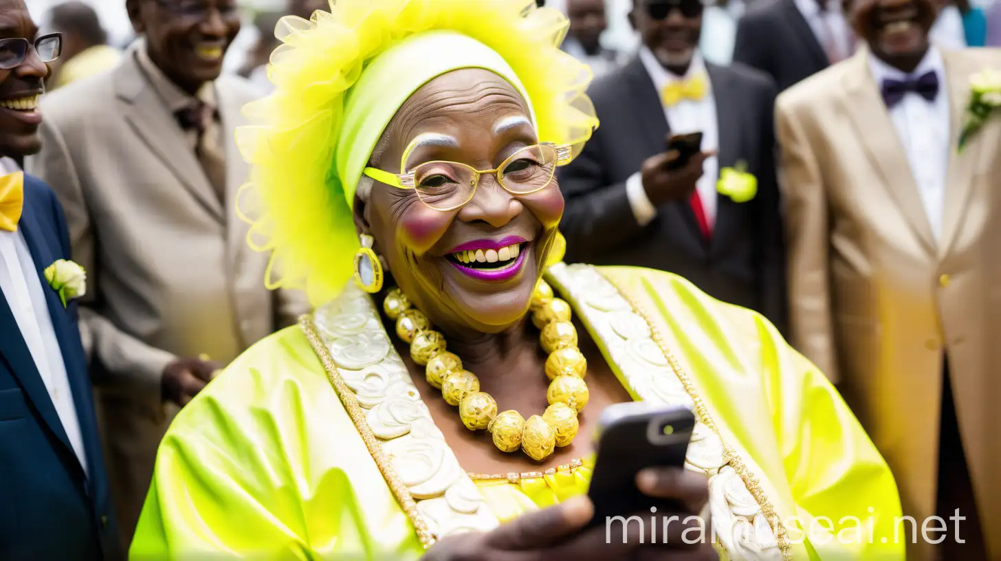 Elderly African Woman in Neon Lemon Robes at Marriage Ceremony