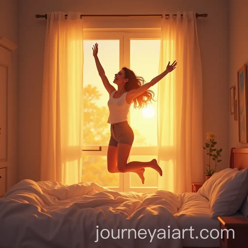 Young-Woman-Waking-Up-Excited-at-Dawn-in-a-Warm-Modern-Room