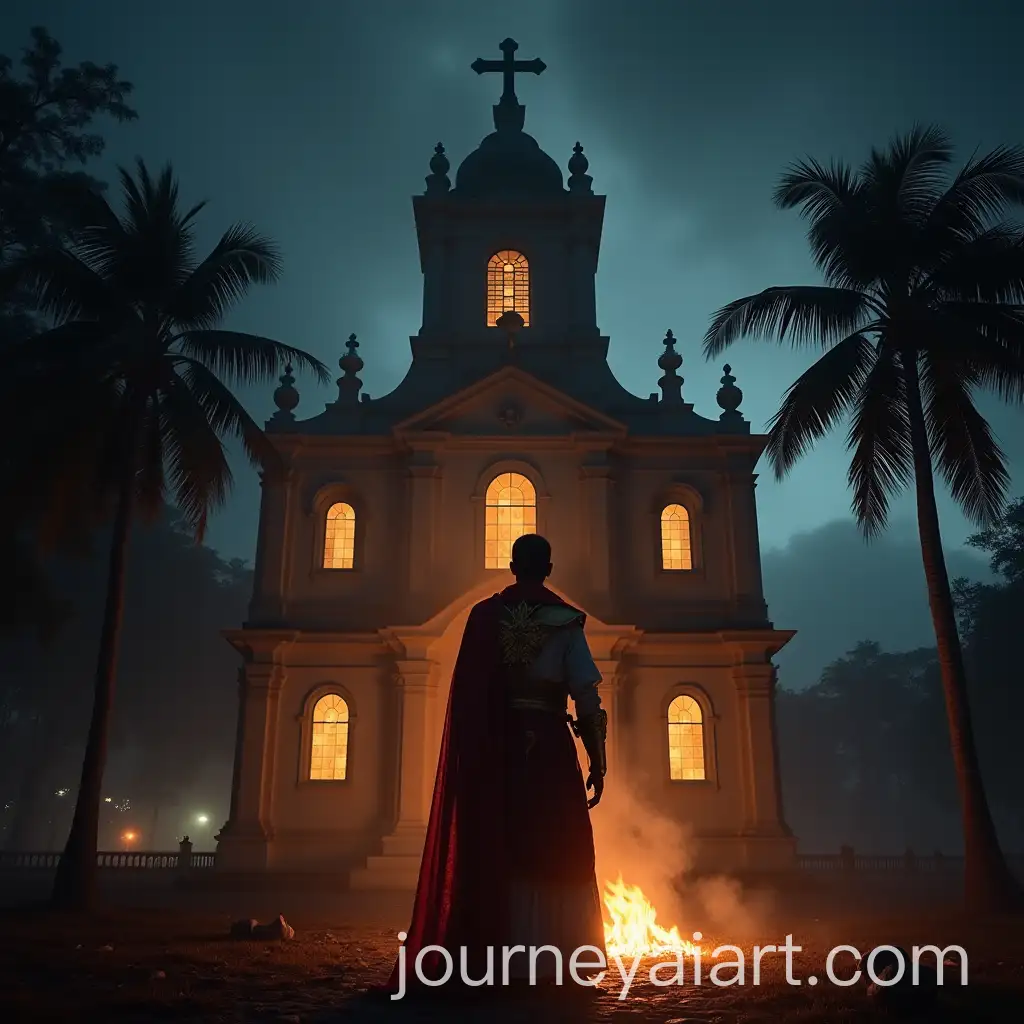 St-George-Heroic-Portrait-in-Front-of-a-Kerala-Church-at-Night-with-Fire