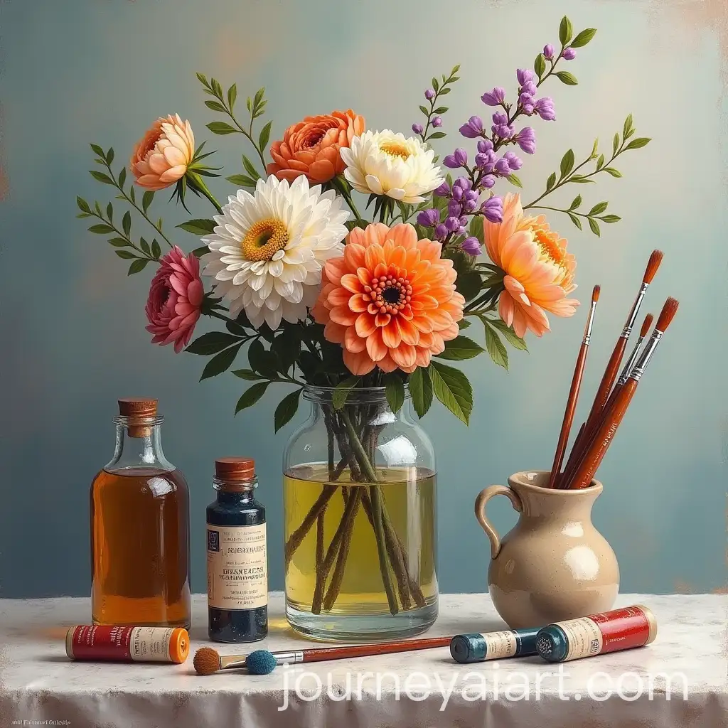 Art-Supplies-Still-Life-with-Flowers-and-Brushes