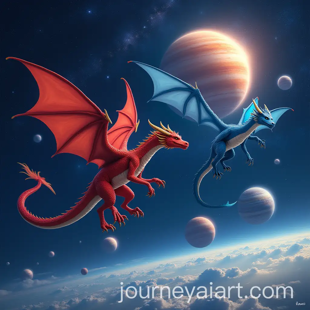 Two-Dragons-Flying-in-Space-Nebula-Above-Planets