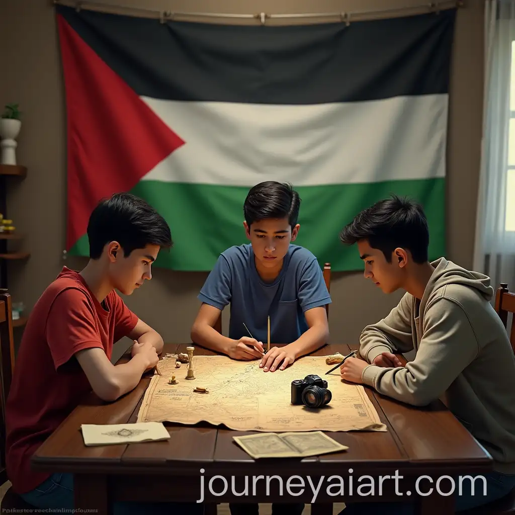 Three-Young-Men-Working-on-a-Treasure-Map-with-Palestinian-Flag-in-a-Room