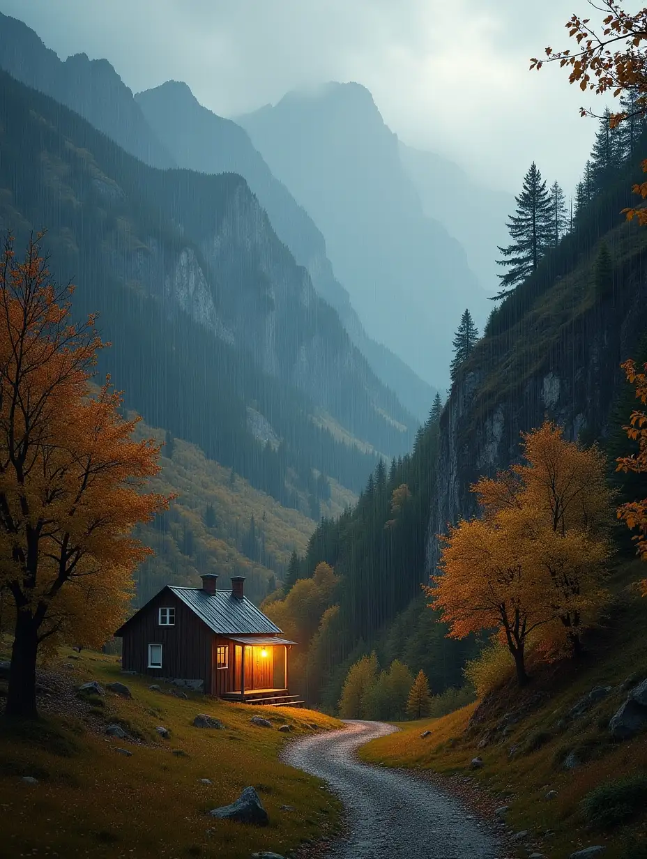 realistic photo of mountain valley in autumn, yellow and red trees, light rain is falling, a small house with a light on, in naturalism style with, with a cozy atmosphere, general plan