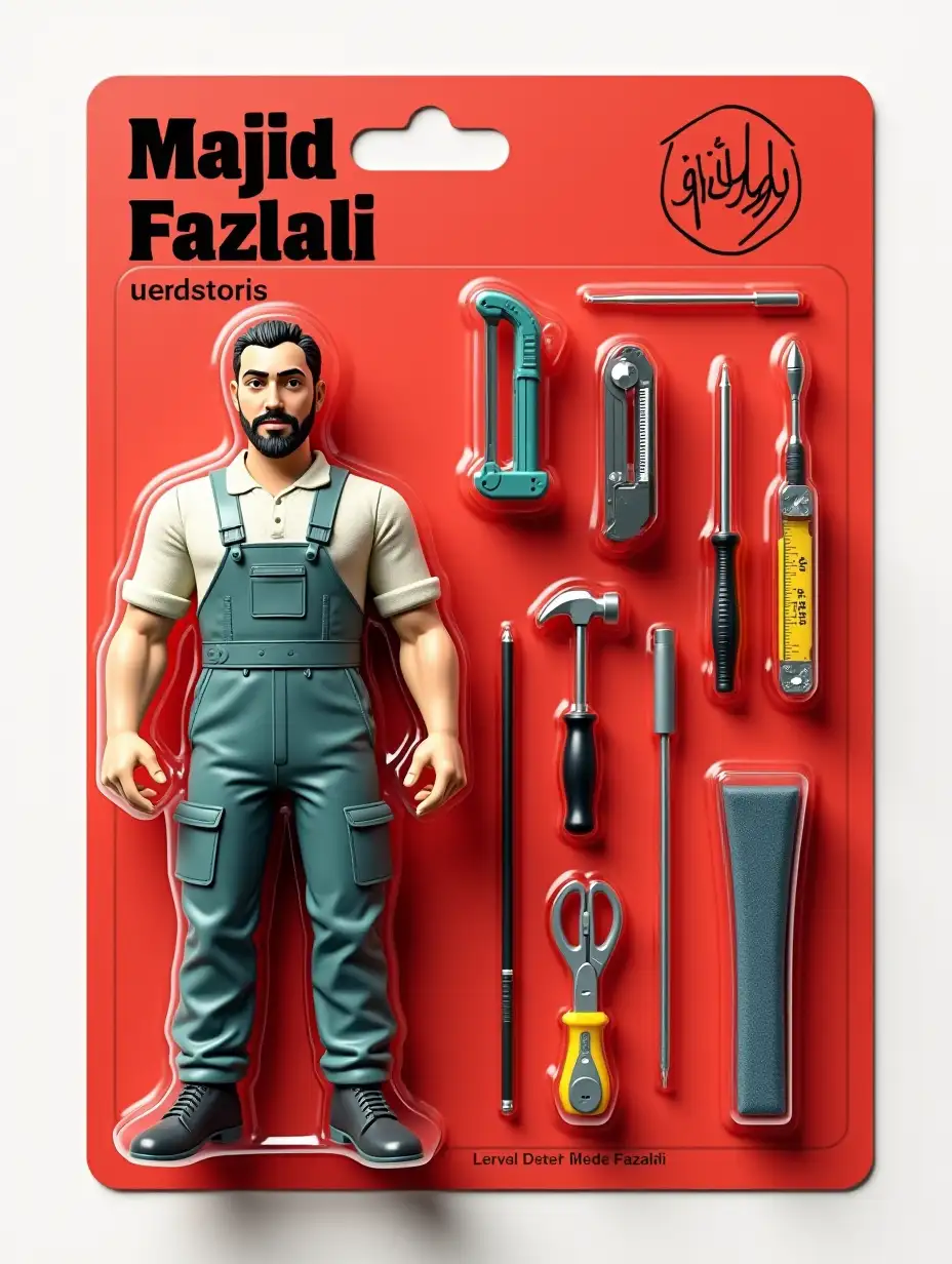 Create a 3D action figure named “Majid Fazlali,” fully enclosed in clear blister packaging designed for retail display so that both the figure and its accessory items are visible inside molded plastic compartments, just like a store-shelf toy. Figure Specifications: Face & Hair: (describe distinctive facial features and hairstyle) Overall Style: (e.g. cartoony, cyberpunk, realistic, etc.) Pose: (e.g. standing with arms open, in motion, pointing, in a fighting stance, etc.) Outfit & Accessories: a one-piece work coverall Accessory Items (each in its own compartment): Staple gun, scissors, foam padding, upholstery fabric, hammer, screwdriver, pliers, and measuring tape. The background of the packaging should be solid red. Packaging Design: Packaging Style: (applied only to the card backing and blister – e.g. minimal, artistic, retro, futuristic) Materials: the backing card and any inner inserts must clearly look like red cardboard (texture, edges, or color should indicate this) Text & Branding (printed on the card backing): Top (large black font): Majid Shaheed Rivandi Street in Kaqari Street between Alley 1 and 2 Fazlali Sofa Repair Workshop Logo (Fazlali): placed at top right