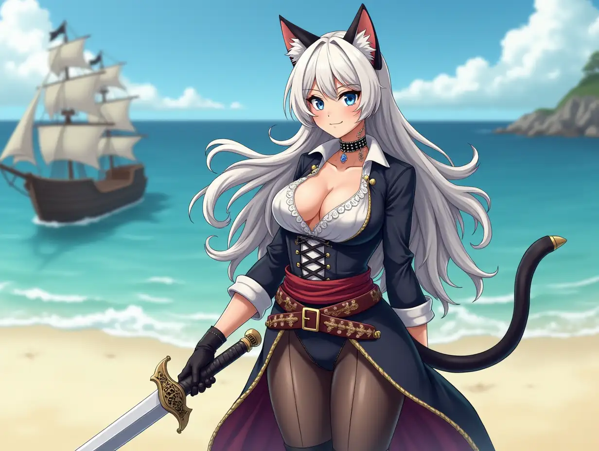 A mature adult feline/woman dressed as a pirate with a sword on a beach.  A pirate ship in the background. Her 30-something years are disguised by her youthful facial features, except for her subtle wrinkles around the eyes, extremely slender body. Her ample bosom strains against her clothing, threatening to burst free from the fabric, extreme cleavage.  Wearing black thigh high pirate boots. She has piercing blue cat eyes. A choker adorns her neck, a subtle hint at her feline nature. Her long, white hair cascades down her back like a wild waterfall, tangled and disheveled. Her cat-like teeth glint in the light, as her white fur-lined ears punctuate her visage with sparkling black and gold earring adorns each ear, adding a touch of elegance to her feline features. Cat whiskers on her face. The attached tail at the base of her spine stirs lazily.  Long fingernails. Full body view. Anime.