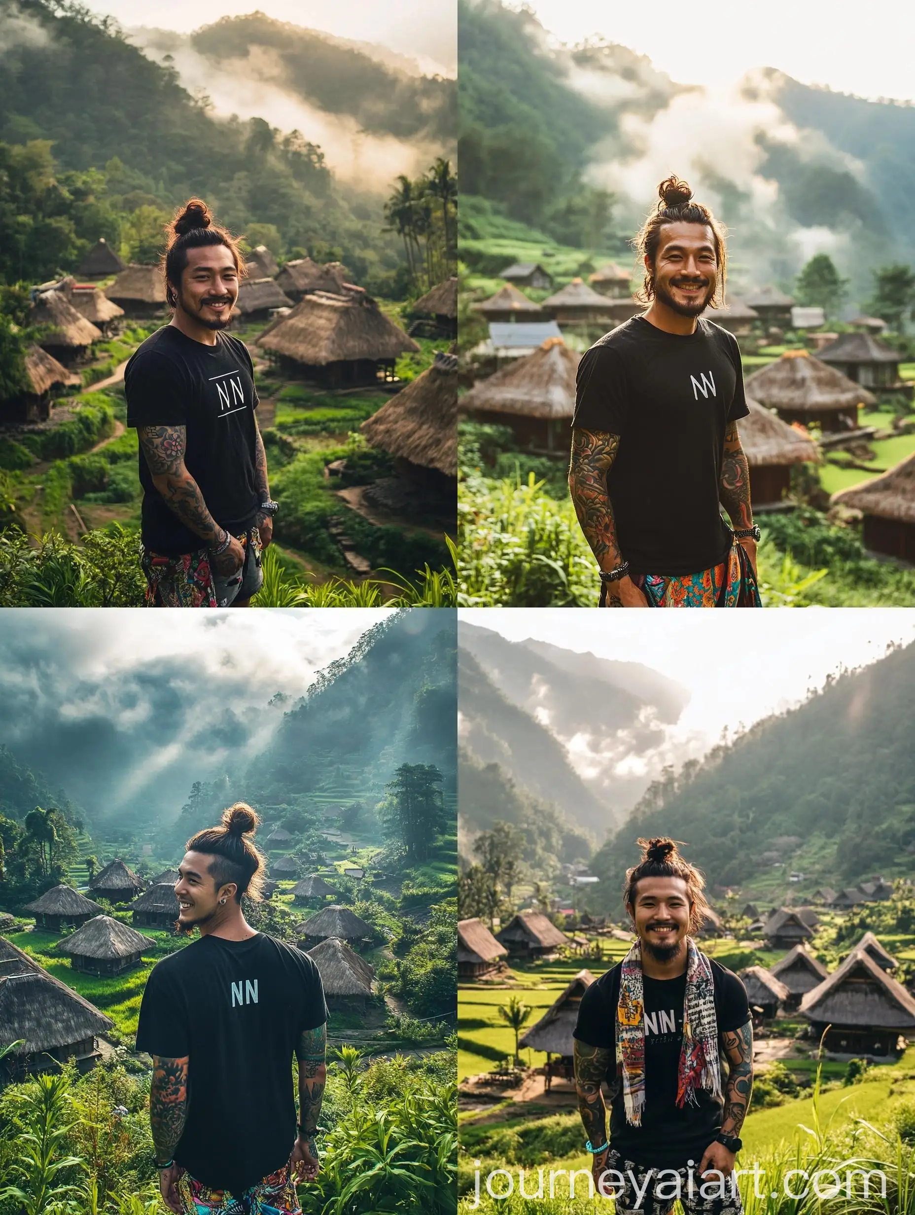 Tattooed-Korean-Man-Smiling-in-Traditional-Highland-Village-Setting