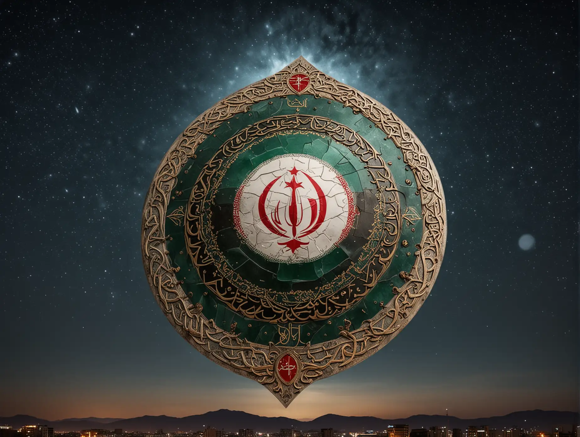 Modern-Iranian-Shield-Featuring-the-Iranian-Flag-Against-a-Starry-Night-Sky