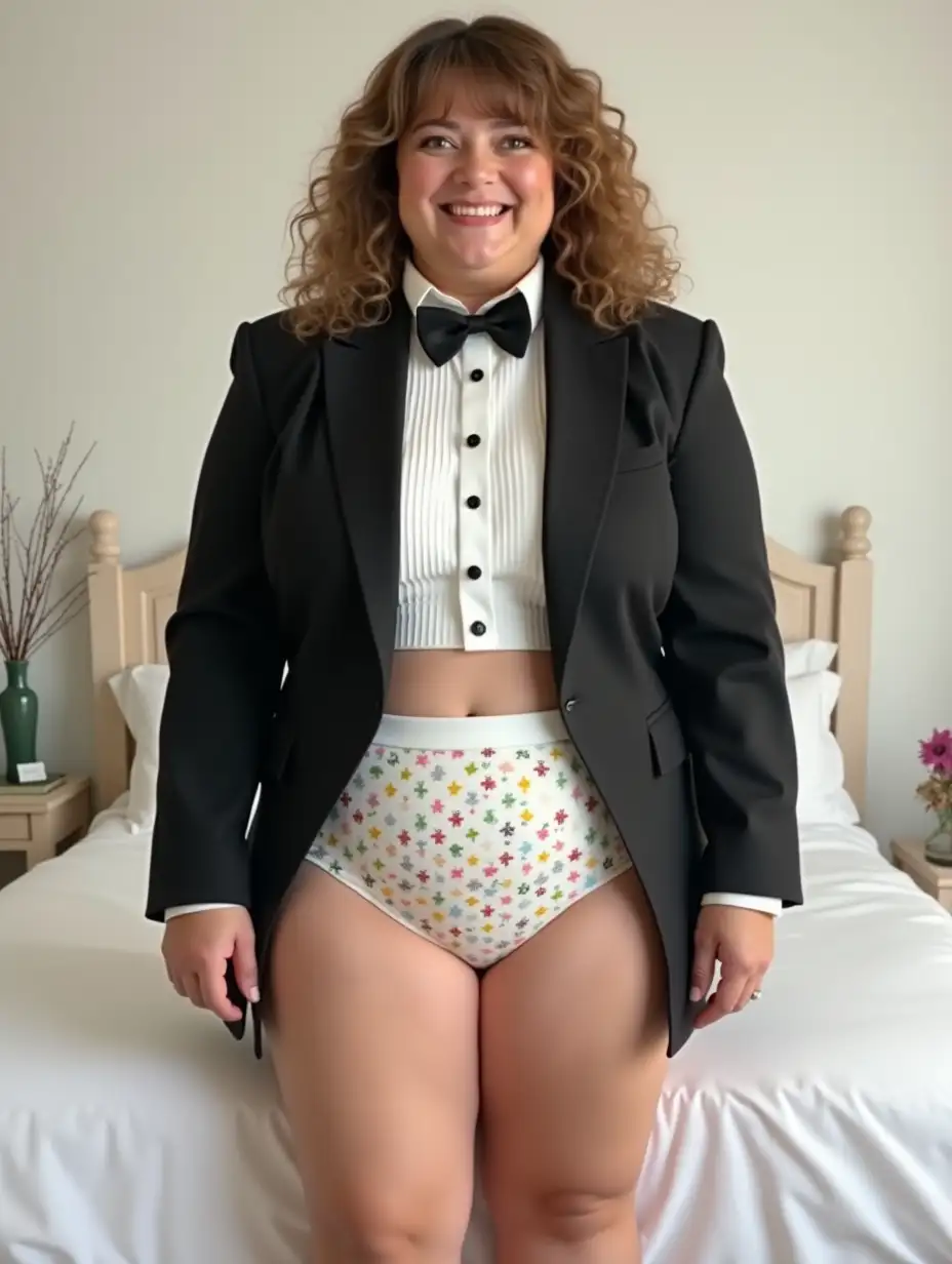 photo realistic, sweet laughing middle-aged larger plump obese body type with large wide hips Caucasian female woman, with light brown mid-length very curly permed hair with curly bangs, wearing a very formal orchestra concert tuxedo with black long sleeve high cut cropped above waist Eton jacket, (white cropped above waist tuxedo shirt, with high standing wingtip collar, and many thick vertical pleats front), (black diamond point bow tie with black adjustable neckband), white with many matching multicolored super tiny micro stars all over floral pattern print, very tight mid-rise high cut cotton brief with bright white waistband, bare legs, high heels, looking at viewer while tugging on bow tie, in a white bedroom, full body front view.