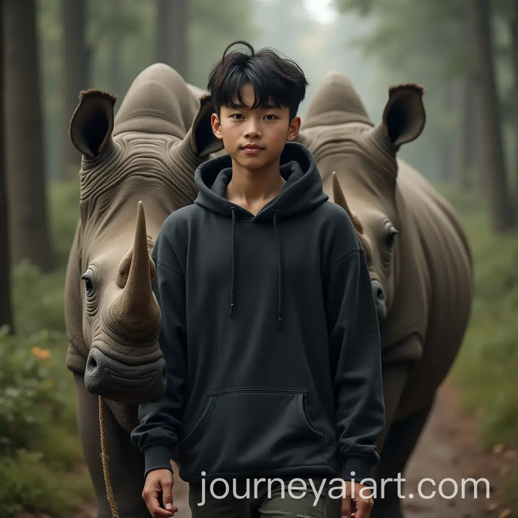 Hyperrealistic-Portrait-of-a-Young-Asian-Man-Herding-a-OneHorned-Rhino-in-the-Forest